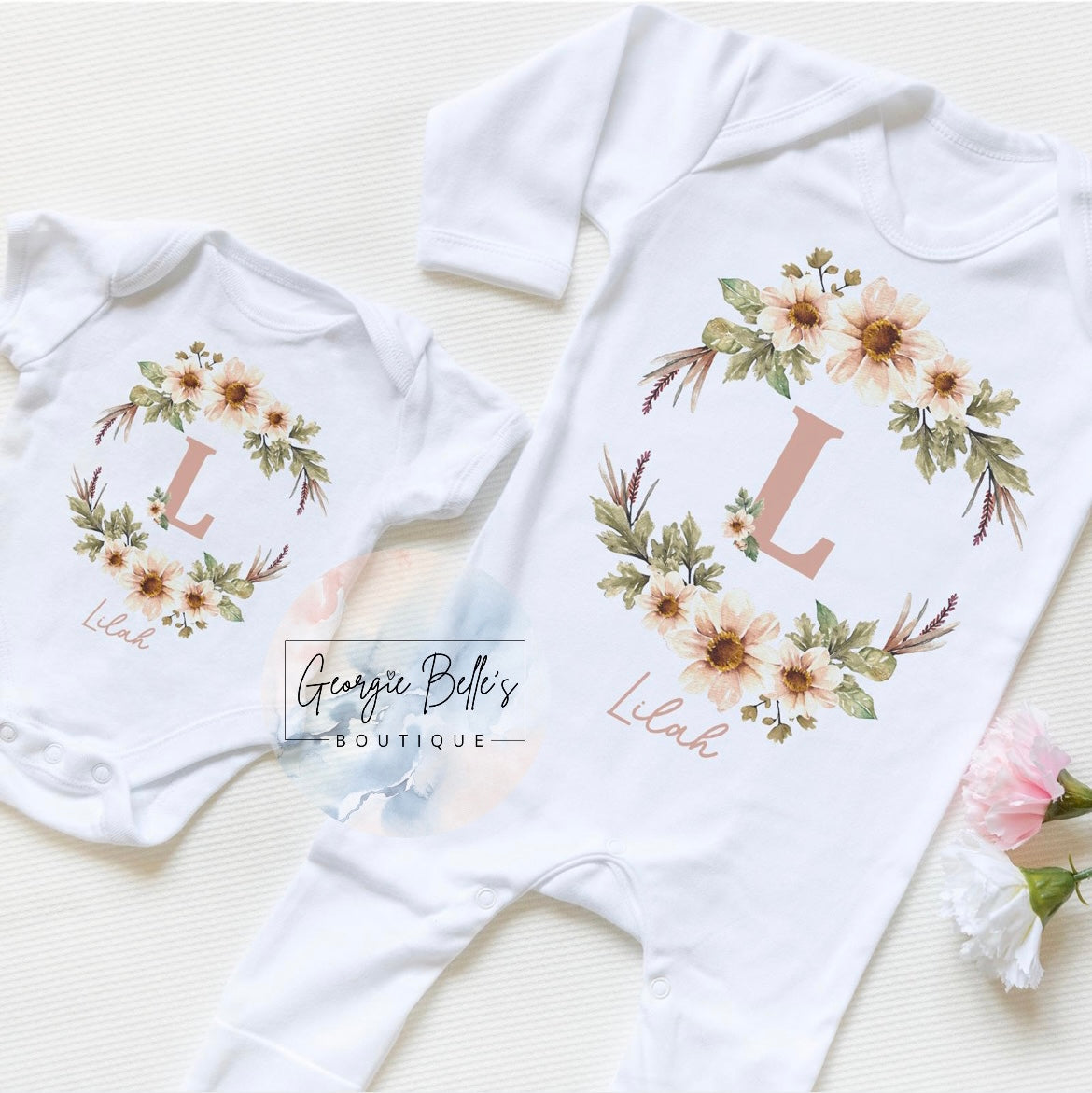 Floral Initial Personalised Vest / Babygrow / Sleepsuit